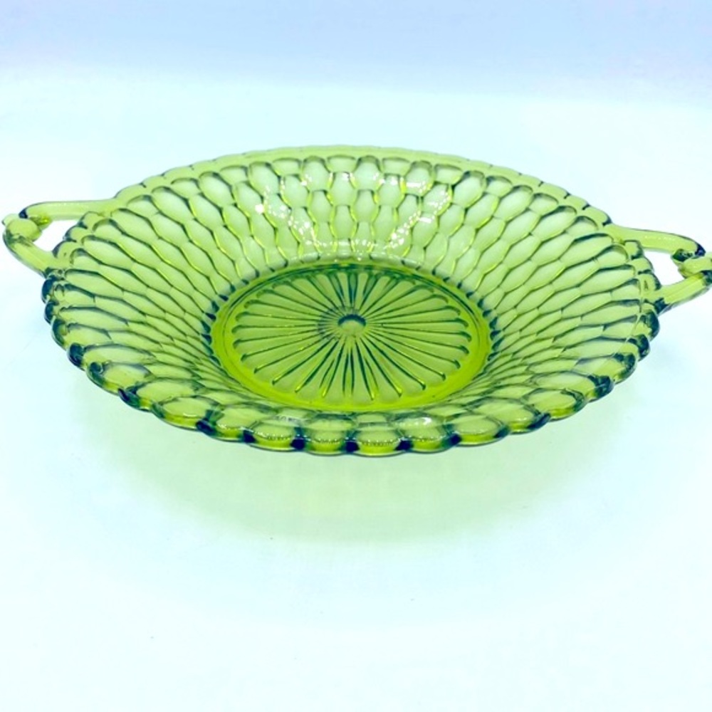 Vintage Indiana Glass Green Honeycomb Relish/ Candy Dish With Double Handles
